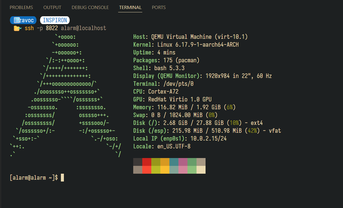 Arch shell with fastfetch output